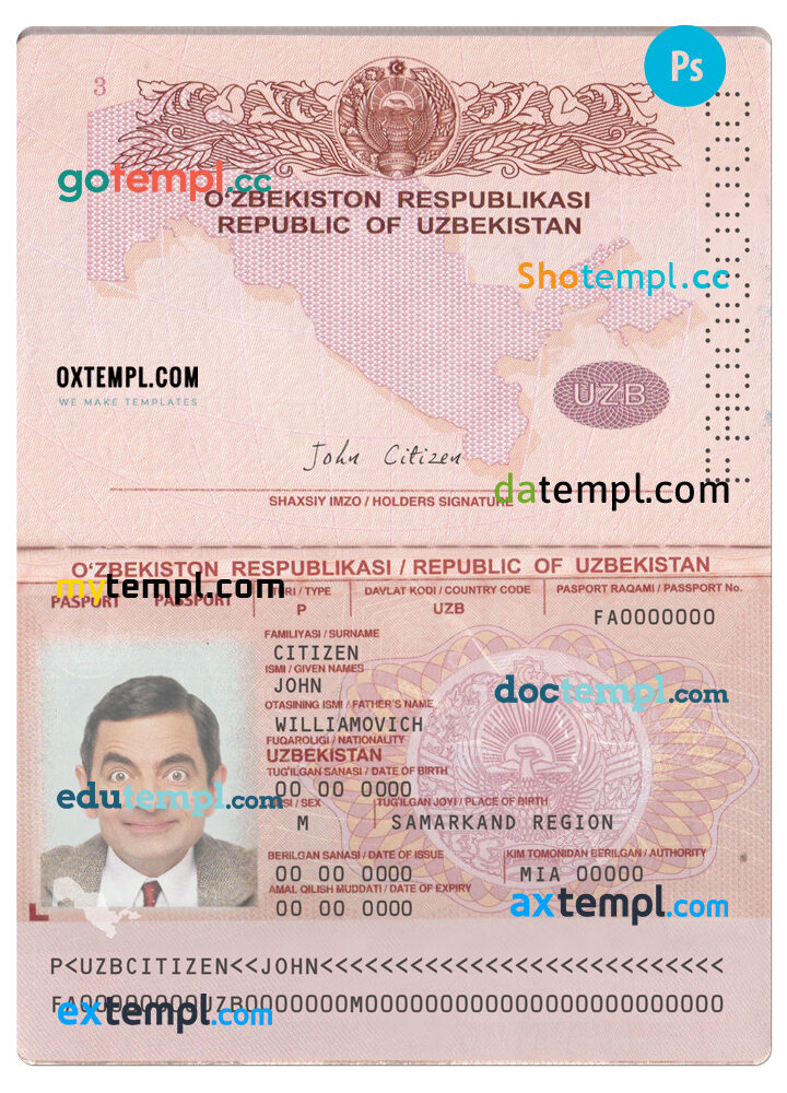 Uzbekistan passport template in PSD format, 2022-present