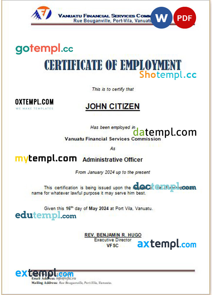 Vanuatu Financial Services Commission certificate of employment Word and PDF download template