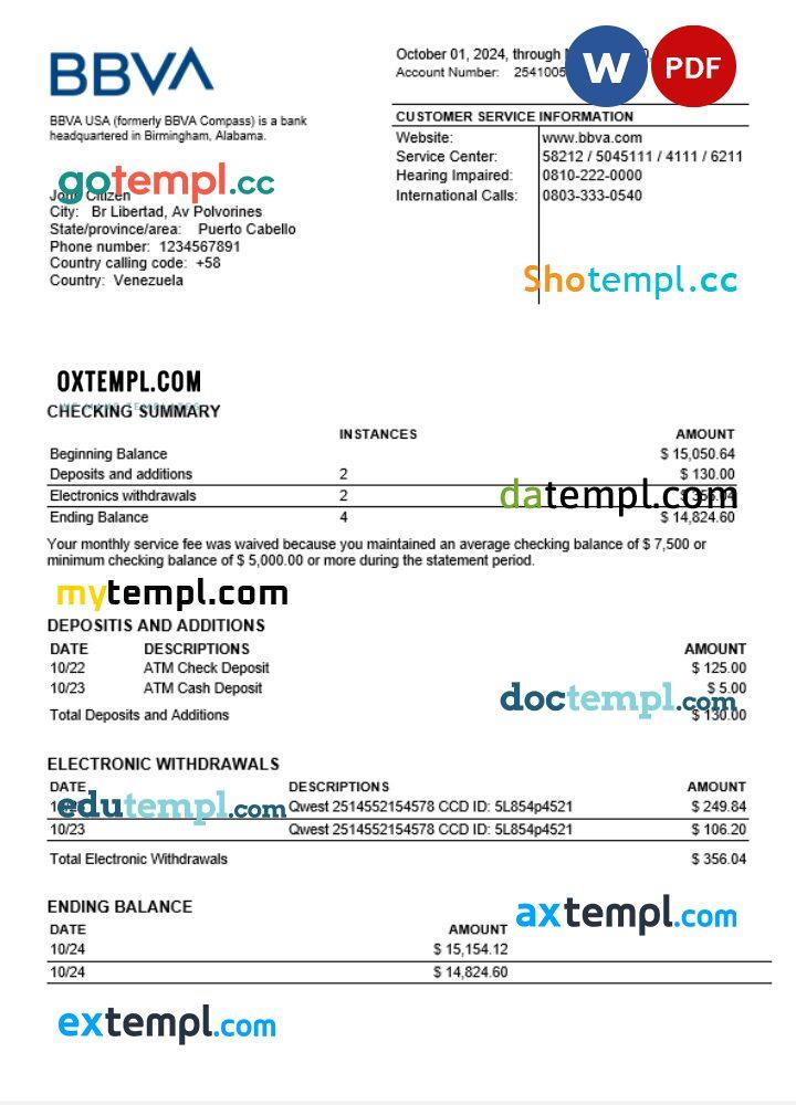 Venezuela BBVA bank statement Word and PDF template