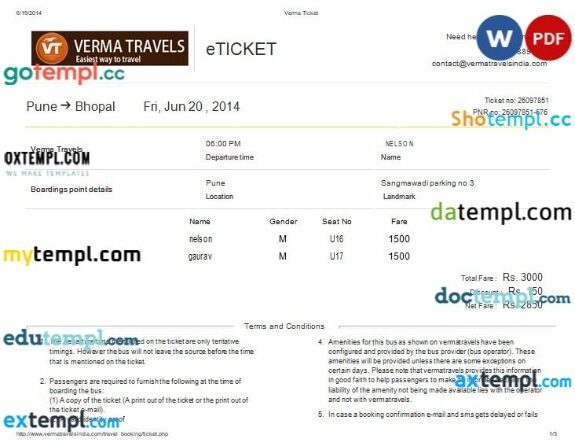 Verma Travels bus e-ticket, Word and PDF download template, 3 pages