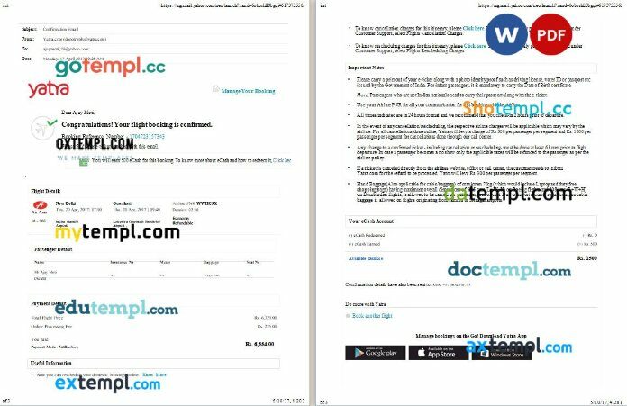 Yatra Air Asia airplane e-ticket, Word and PDF download template, 3 pages