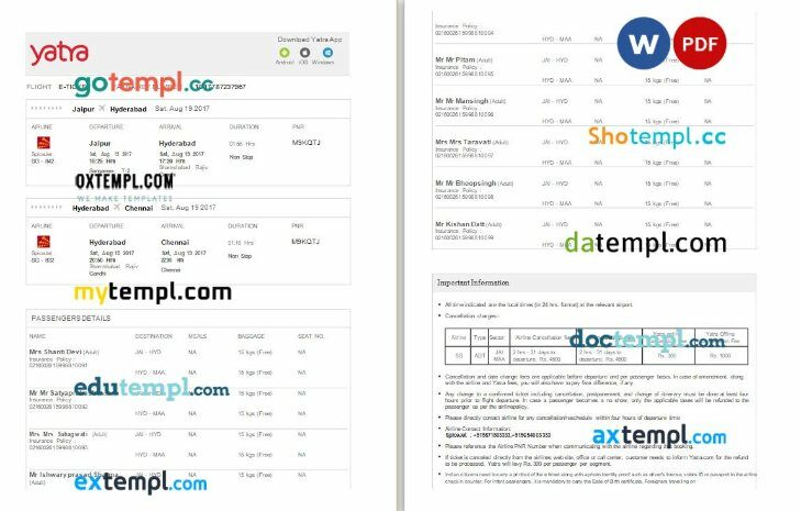 Yatra – SpiceJet airplane e-ticket, Word and PDF download template, 3 pages