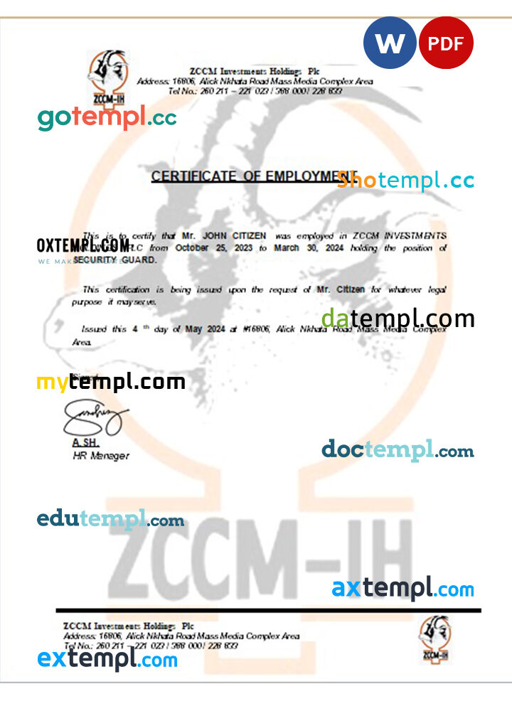 Zambia ZCCM Investments Holdings certificate of employment Word and PDF download template