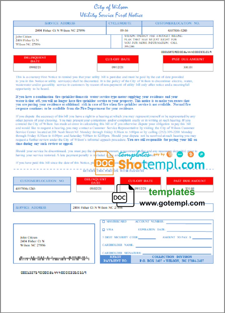 USA North Carolina City of Wilson utility bill template in Word and PDF format