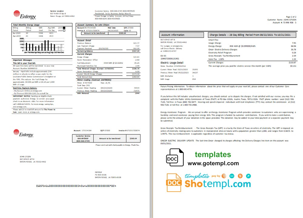 USA Louisiana Entergy utility bill template in Word and PDF format (2 pages)