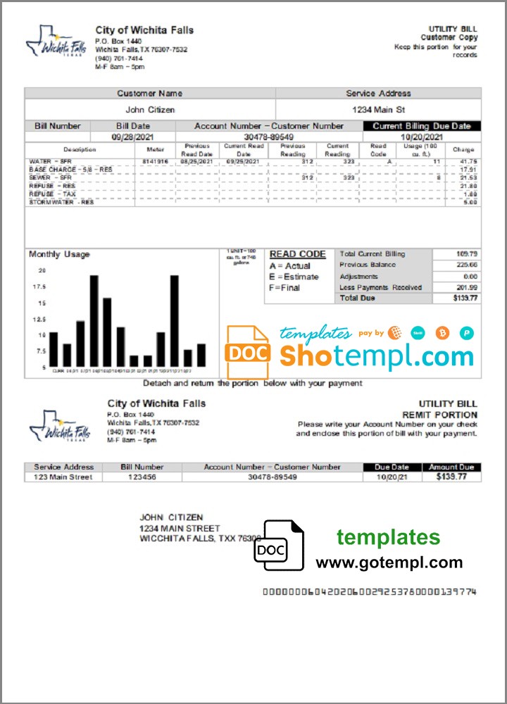 USA City of Wichita Falls utility bill template in Word and PDF format