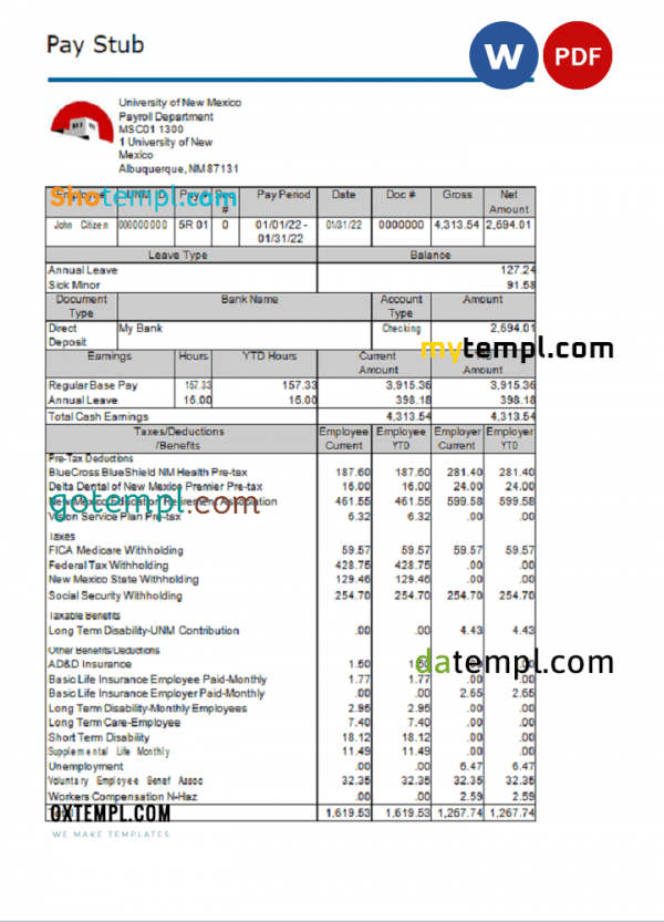 USA educational company employee sheet example in Word and PDF format, version 2