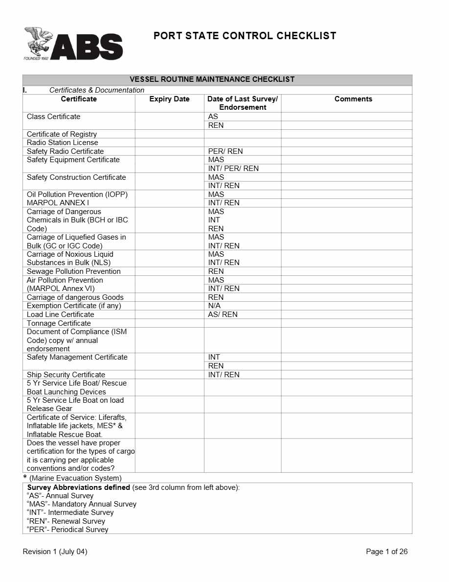 ABS Port State Control checklist template in Word and PDF formats, 26 pages