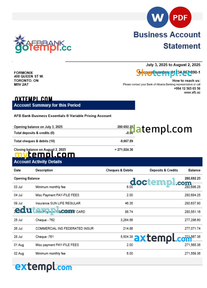 AFB business firm account bank statement Word and PDF format