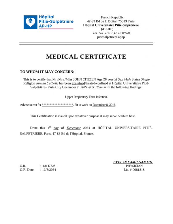 AP-HP Hôpital Universitaire Pitié-Salpêtrière medical certificate template in Word and PDF formats