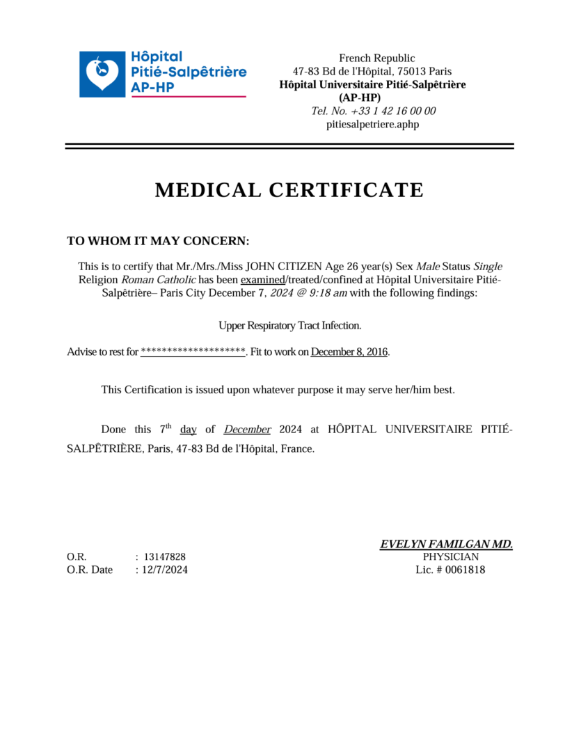 AP-HP Hôpital Universitaire Pitié-Salpêtrière medical certificate template in Word and PDF formats