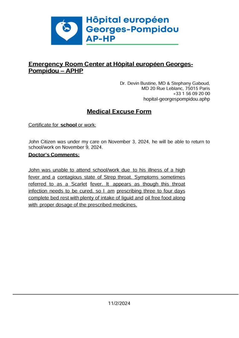 AP-HP Hôpital européen Georges-Pompidou medical excuse template in Word and PDF formats