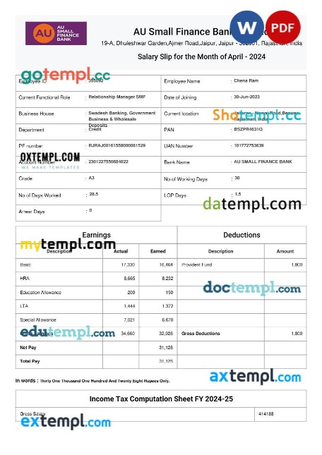 AU Small Finance Bank salary slip template in Word and PDF formats