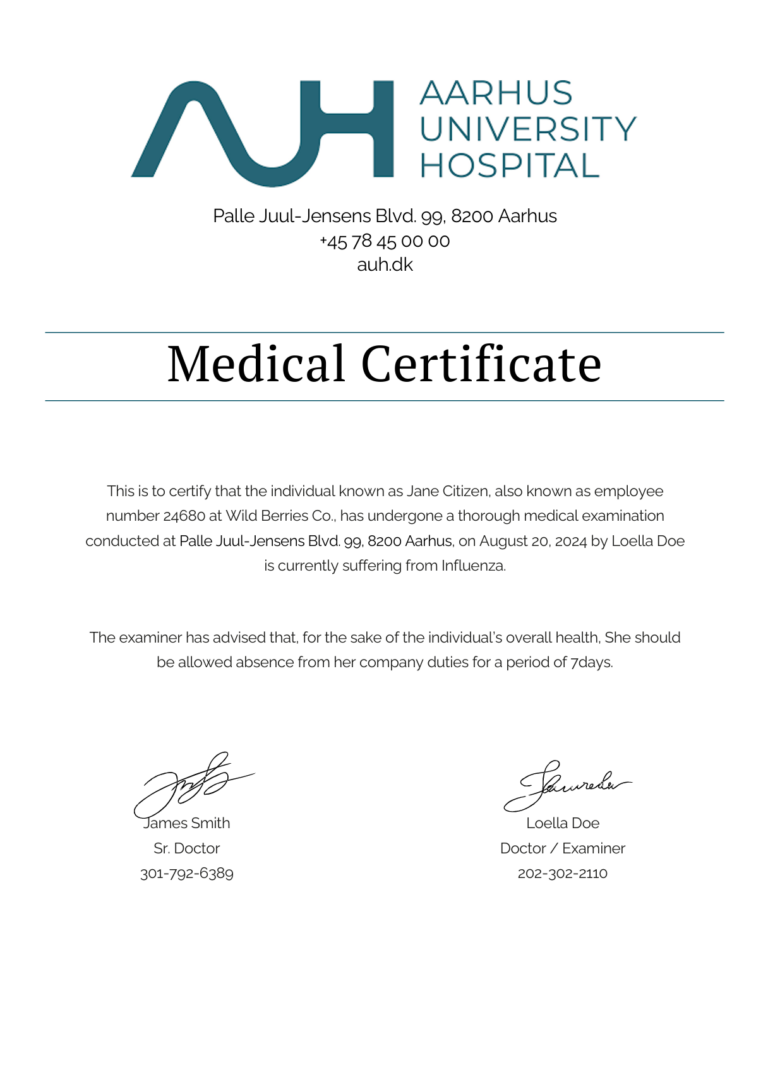 Aarhus Universitetshospital medical certificate template in Word and PDF formats