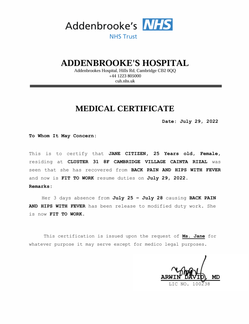 Addenbrooke’s Hospital medical certificate template in Word and PDF formats