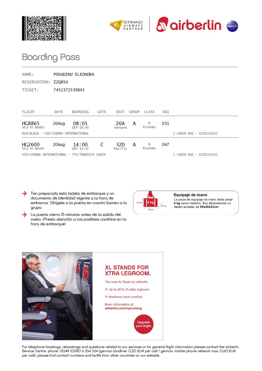 Aerberlin boarding pass in Word and PDF formats