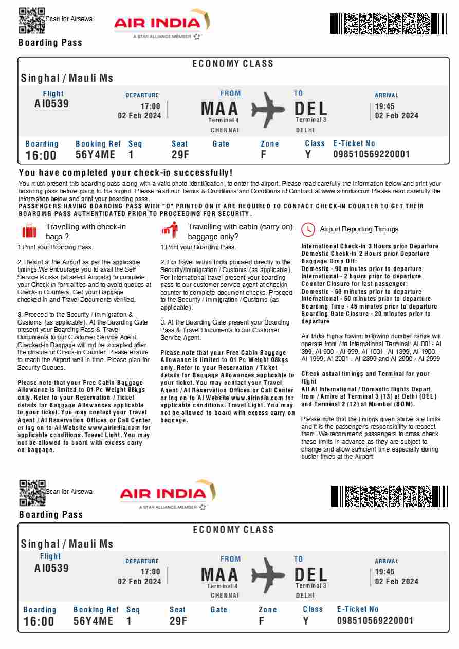 Air India boarding pass in Word and PDF formats, version 2