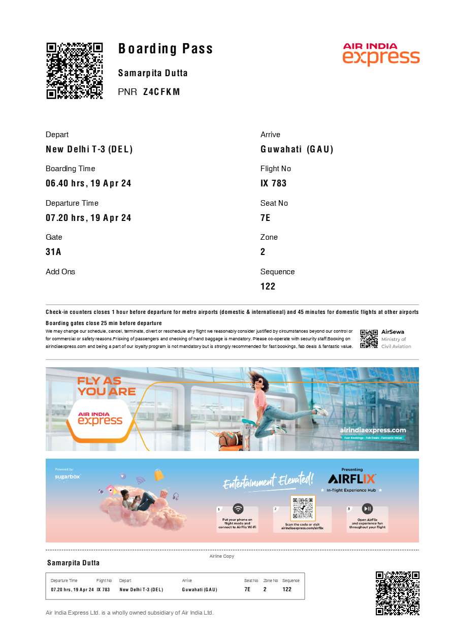 Air India express boarding pass in Word and PDF formats