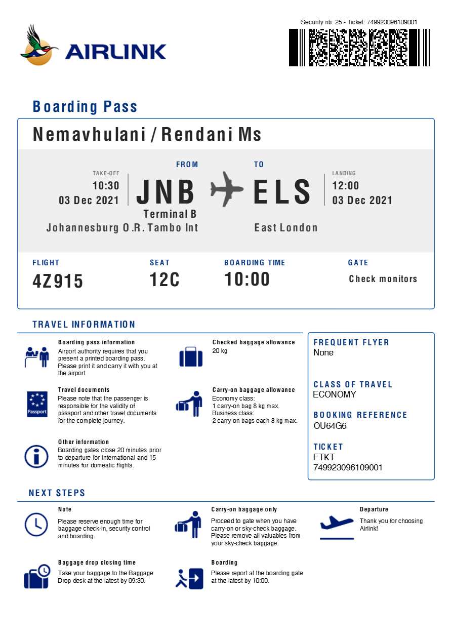 Airlink boarding pass in Word and PDF formats