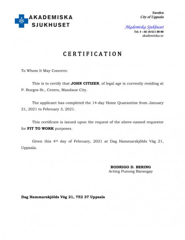 Akademiska Sjukhuset certification template in Word and PDF formats