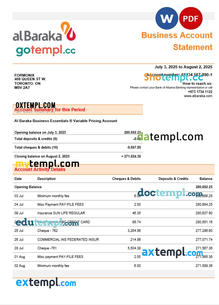 Al Baraka business bank company account statement Word and PDF format