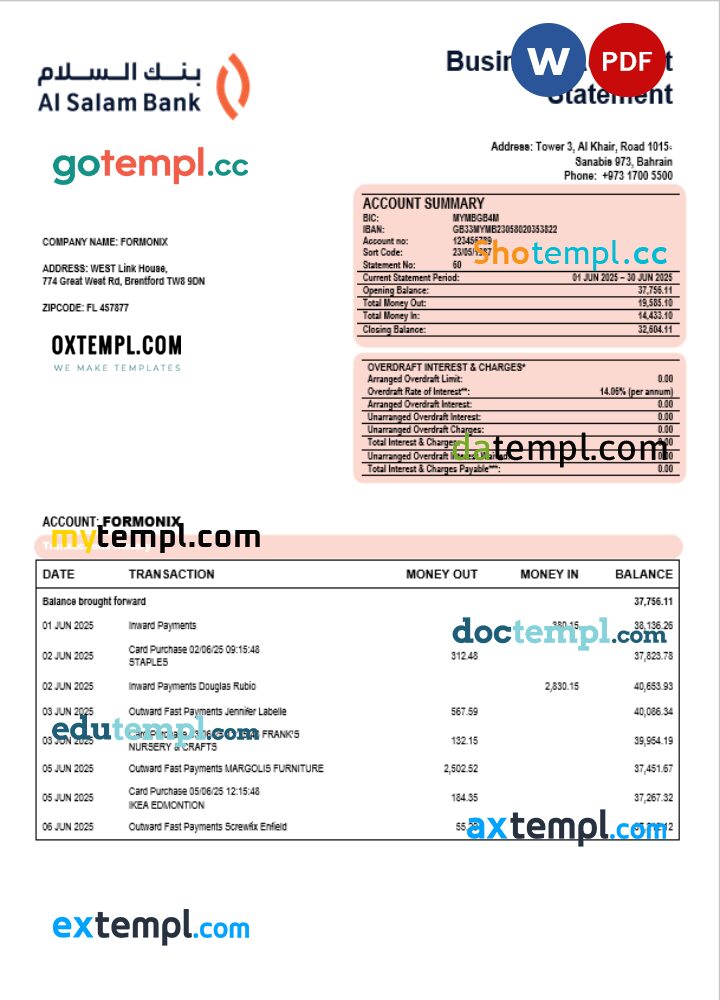 Al Salam firm account statement Word and PDF format