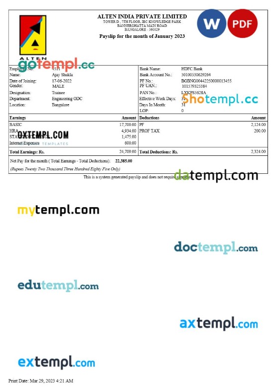 Alten India payslip template in Word and PDF formats