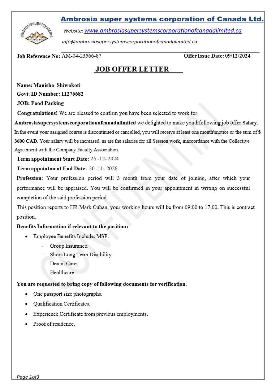 Ambrosia super systems corporation of Canada Ltd. Food Packing offer letter in Word and Pdf formats