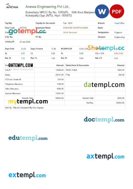 Capgemini Technology Services India payslip template in Word and PDF formats