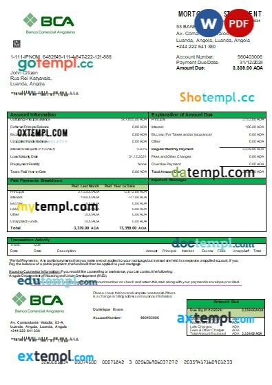 Angola Banco Comercial Angolano bank mortgage statement, editable template in PDF and Word