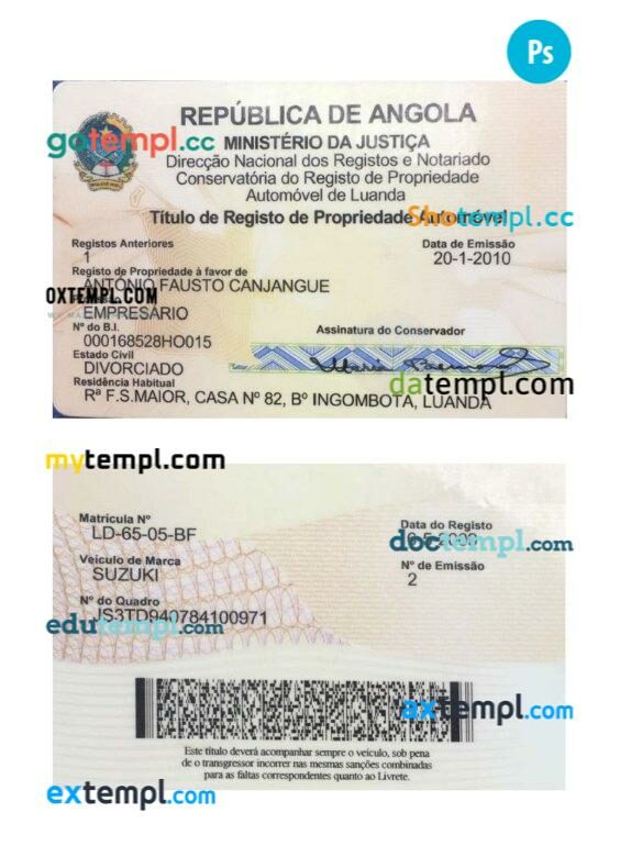 Angola vehicle registration card in PSD format, version 2