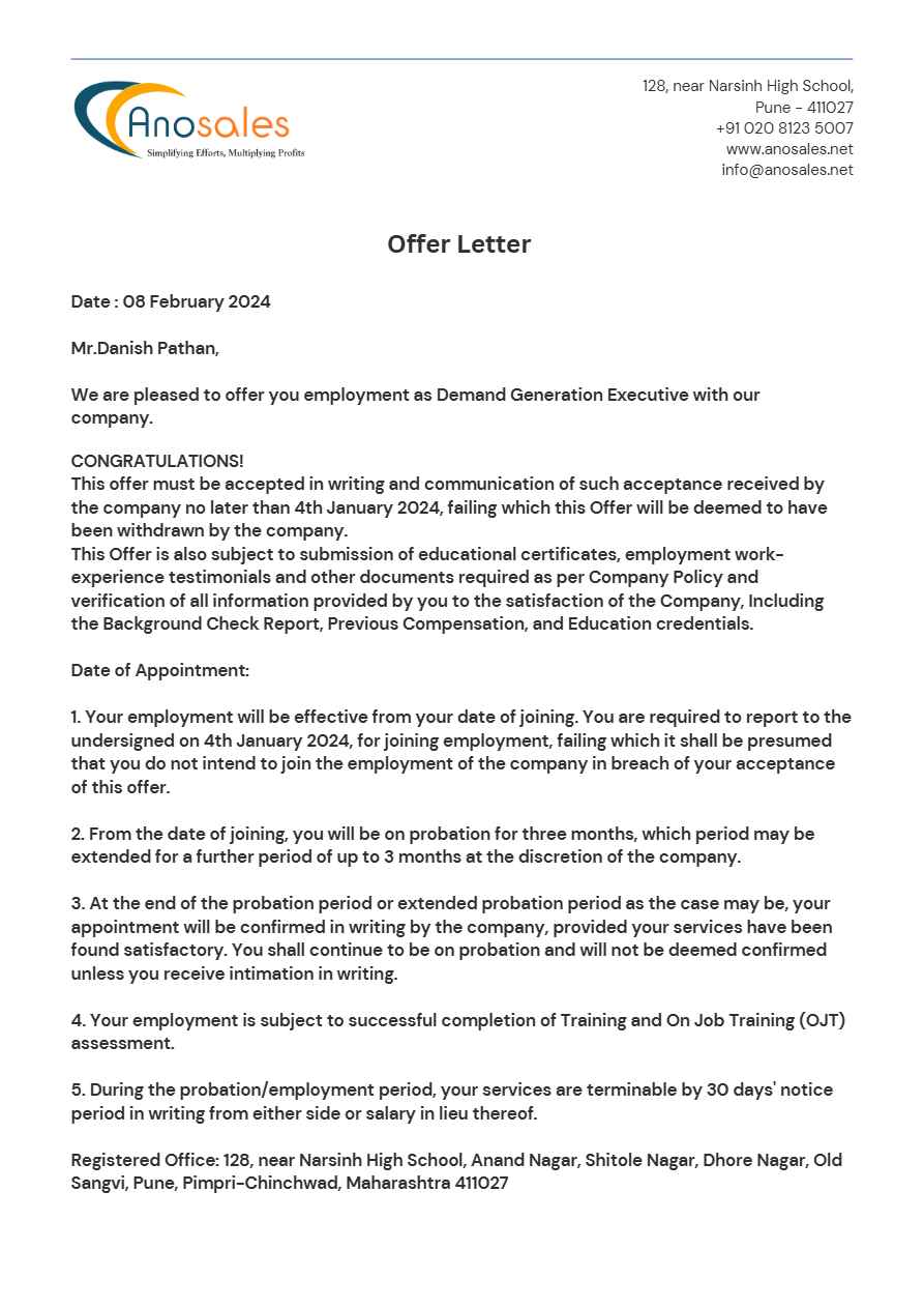 Anosales LLC Generation Executive offer letter in Word and Pdf formats