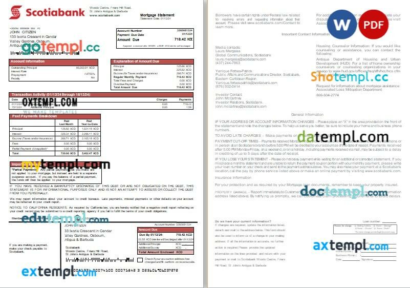 Antigua and Barbuda Scotiabank bank mortgage statement, 2 pages editable template in PDF and Word