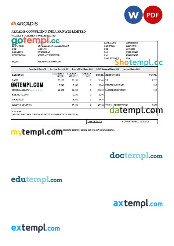 Capgemini Technology Services India payslip template in Word and PDF formats