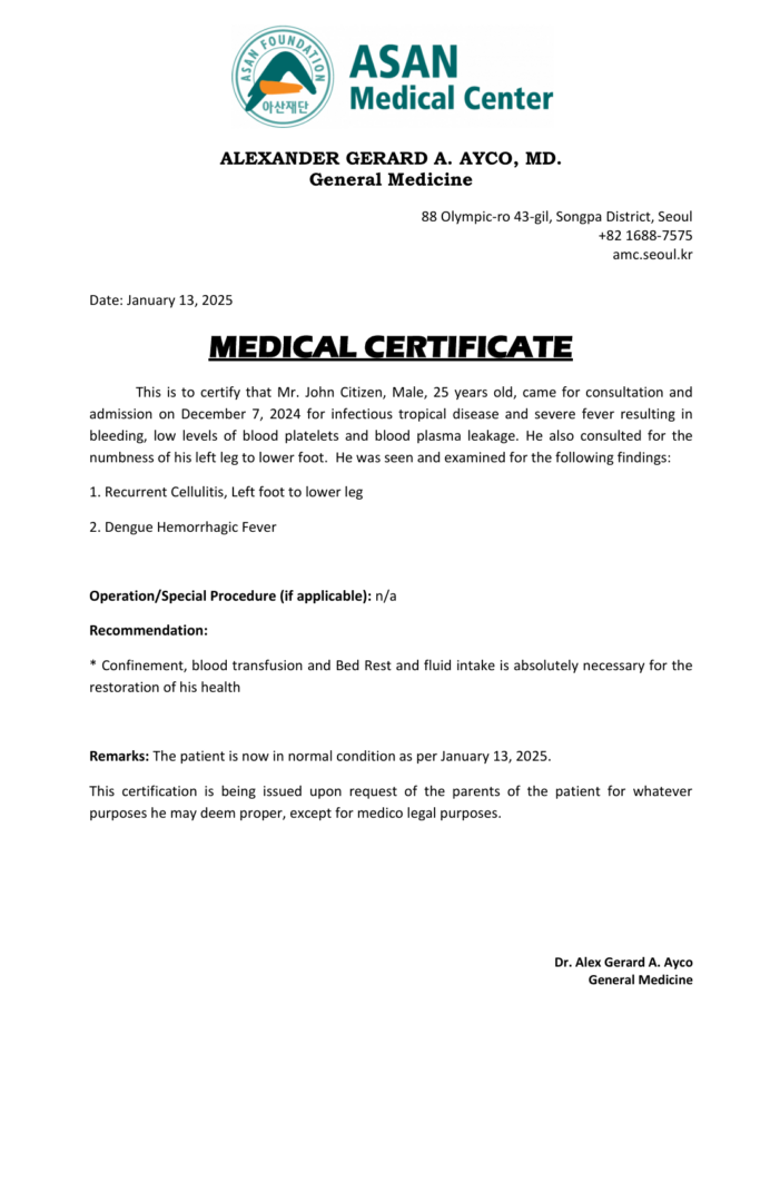 Asan Medical Center medical certificate template in Word and PDF formats