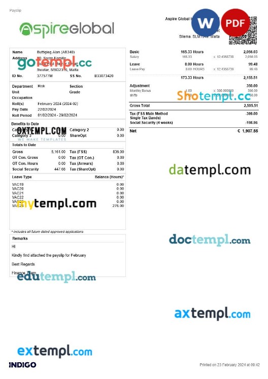 Capgemini Technology Services India payslip template in Word and PDF formats