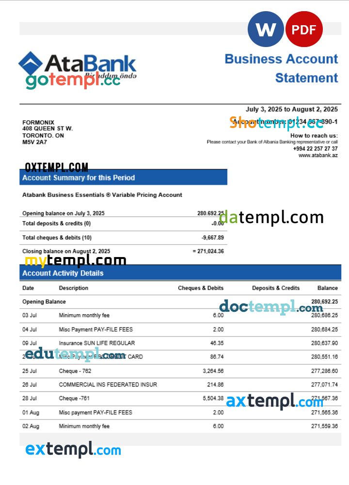 Atabank business organization checking statement Word and PDF format