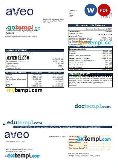 Australia Aveo bank mortgage statement, editable template in PDF and Word