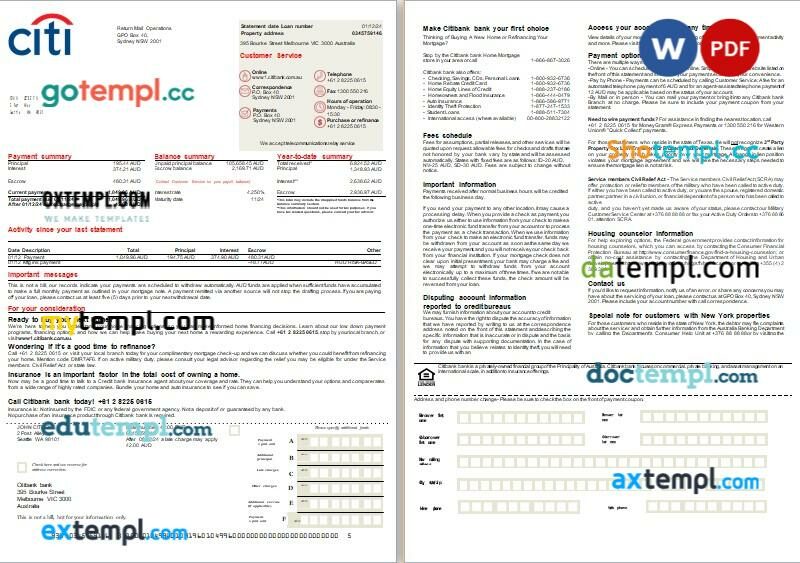 Australia Citibank bank mortgage statement, 2 pages, editable template in PDF and Word