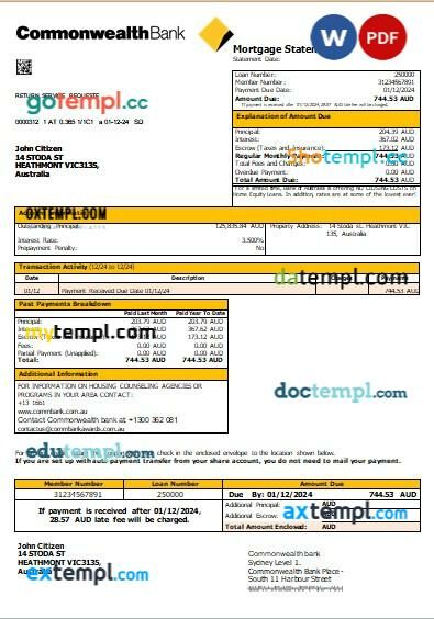 Australia Commonwealth bank mortgage statement, editable template in PDF and Word