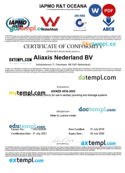 Australia IAPMO R&T OCEANA certificate of conformity editable template in Word and PDF format