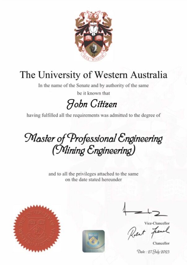 Australia University of Western Australia (UWA) master diploma template in PSD format