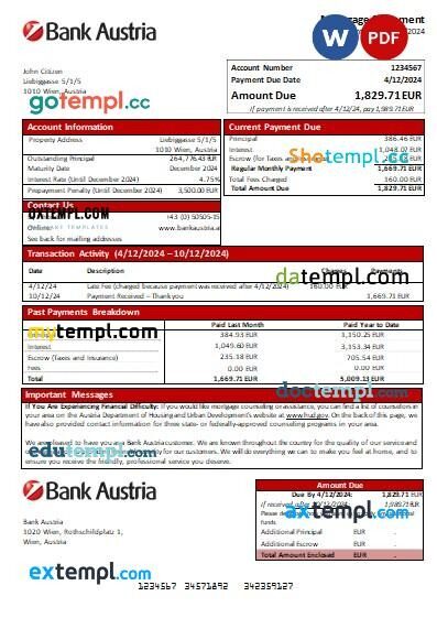 Austria Bank Austria bank mortgage statement, editable template in PDF and Word