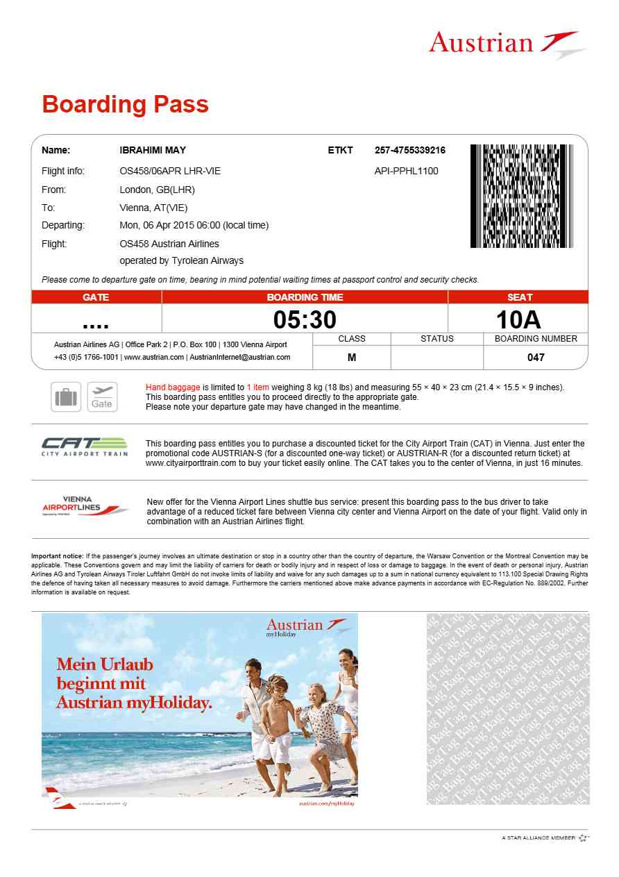 Austrian boarding pass in Word and PDF formats