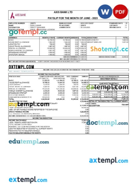 Capgemini Technology Services India payslip template in Word and PDF formats