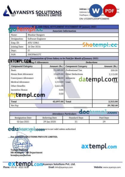 Capgemini Technology Services India payslip template in Word and PDF formats