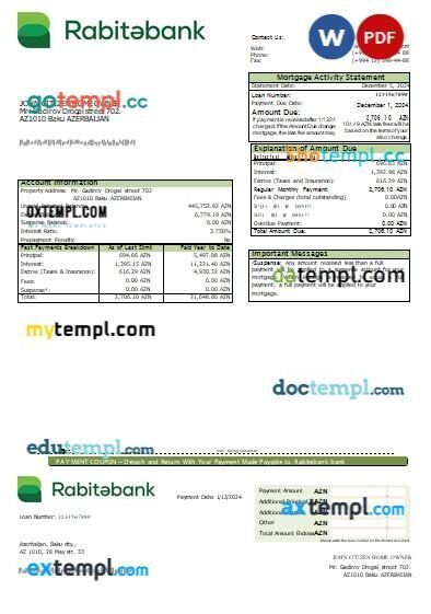 Azerbaijan Rabitebank bank mortgage statement, editable template in PDF and Word