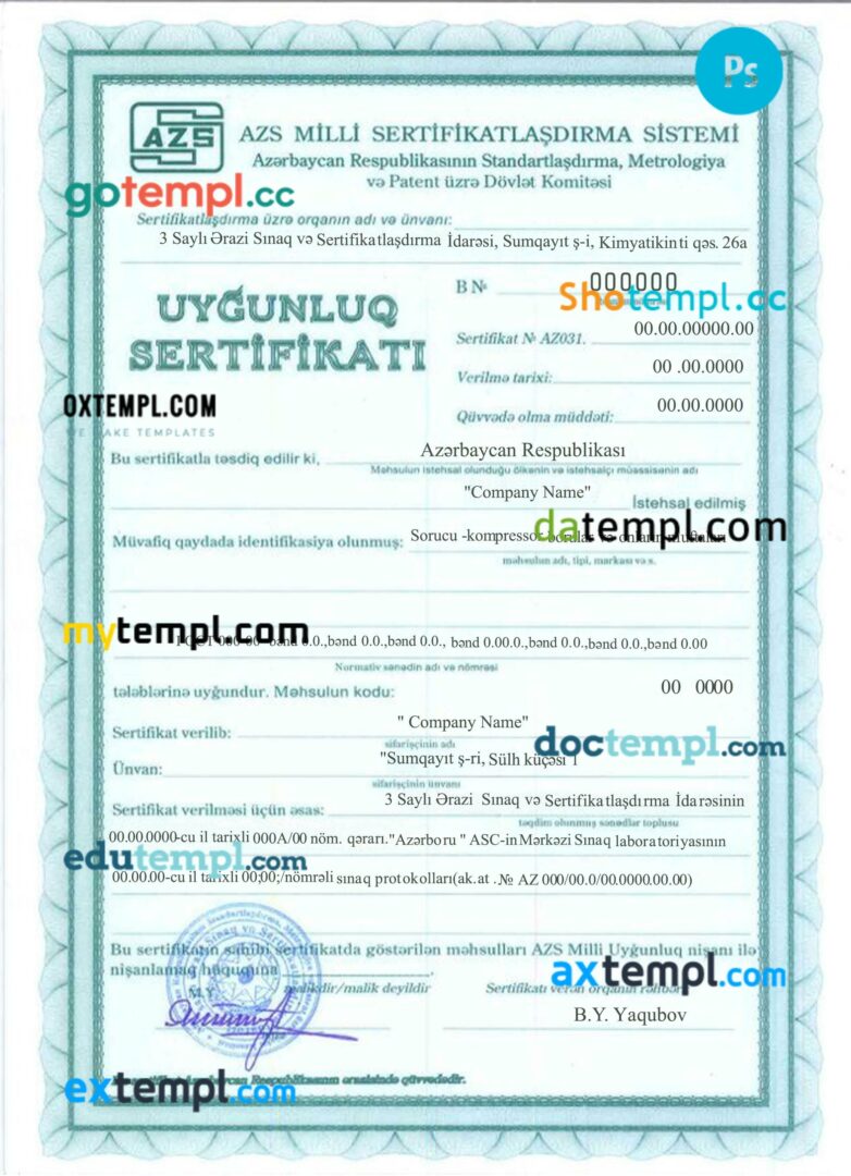 Azerbaijan business registration license PSD template