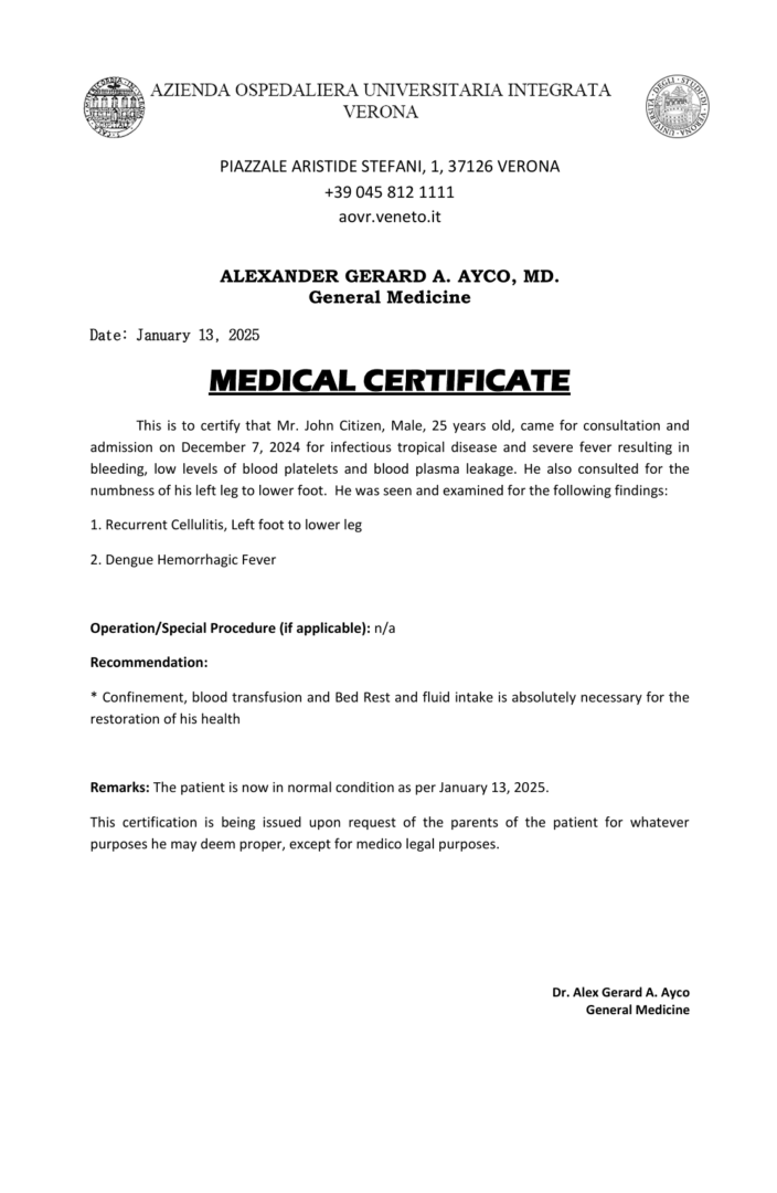 Azienda Ospedaliera Universitaria Integrata Verona medical certificate template in Word and PDF formats