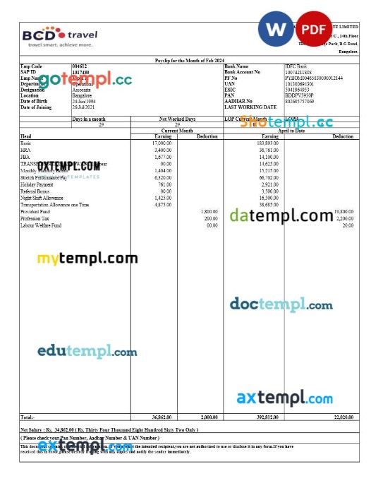 Capgemini Technology Services India payslip template in Word and PDF formats